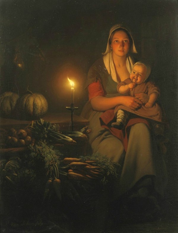 Mother and child at the night market by Petrus van Schendel